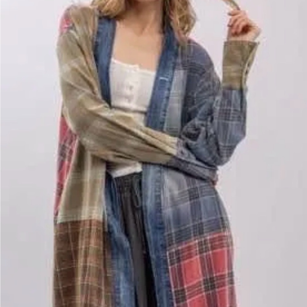 Classic Blue Velvet Plaid Flannel Patchwork Very Soft Duster - Picture 2 of 3